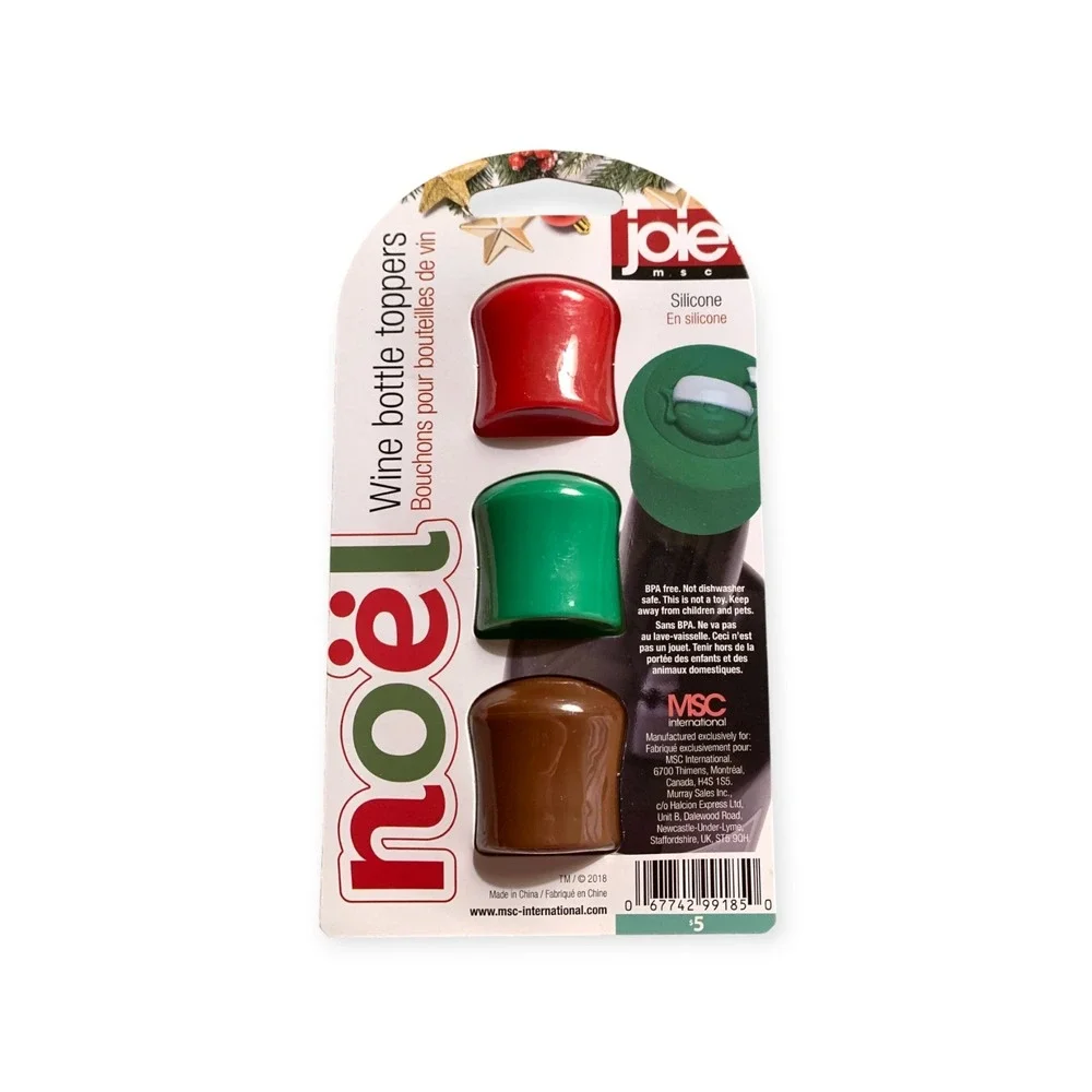 Joie Wine Bottle Toppers 3pc Silicone‎ BPA Free Christmas Santa Elf Reindeer NEW